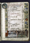 Opening page of calendar, elaborate border design with human figures