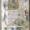 Opening of main text, large initial, border flourishes, placemarkers