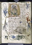 Opening of main text, large initial, border flourishes, placemarkers