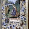 Miniature of John the Evangelist.  3-line blue initial, rubric, and full border with animals and grotesque