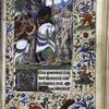 Miniature of skeletons accosting knights, large and small initials, linefiller, full border with grotesques