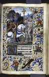 Miniature of skeletons accosting knights, large and small initials, linefiller, full border with grotesques