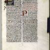 Opening of text.  Large multi-colored initial (including gold), smaller red initial.  Rubrics, placemarkers