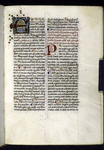 Opening of text.  Large multi-colored initial (including gold), smaller red initial.  Rubrics, placemarkers
