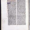 Page of text.  Blue initial with red penwork, rubric, placemarkers, and catchword