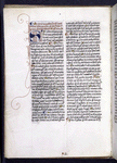 Page of text.  Blue initial with red penwork, rubric, placemarkers, and catchword