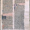 Two columns of text, painted initial and initials with penwork. Placemarkers , rubric, marginal notes