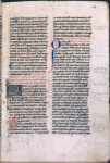 Two columns of text, painted initial and initials with penwork. Placemarkers , rubric, marginal notes