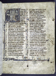 Historiated initial of Floriant and Florete embracing,with some damage. Border decoration with two grotesques waddling along frame. Quire number, "I"