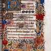 Opening of main text.  Full border with human and animal figures.  Hierarchy of initials, with penwork.  Rubric
