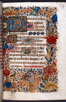 Opening of main text.  Full border with human and animal figures.  Hierarchy of initials, with penwork.  Rubric