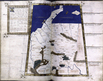 Fourth map of Europe (Germany) in gold border. Commentary text in brown border with gold rubrics and 4-line gold initial on blue and green field