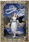 Full page miniature and full border; Italy as a woman is torn at by beasts, but protected by the hand of the king of France