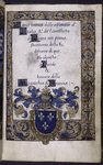 Title page, arms of Francis I, "rubric" in blue, initials, full border