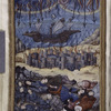 Full-page miniature of sack of the city of Rome, with a broken ship on a stormy sea in the background, and with Charles of Burgundy lying dead in the foreground