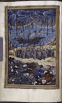 Full-page miniature of sack of the city of Rome, with a broken ship on a stormy sea in the background, and with Charles of Burgundy lying dead in the foreground