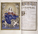 Full-page miniature of the Assumption of the Virgin, with opening of text for vespers, initials, rubrics, flower design