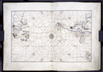First (western section) of three world maps on plane projection and in portolan style, showing North and South America and the lands of Eastern Asia. Latitude and longitude are indicated.  Rustic capitals and round gothic.