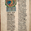 End of prologue for Habakkuk, beginning of main text. Large initial with portrait of prophet.  Hierarchy of scripts, rubrics. Quire signature