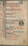 Page of calendar, written in black, red, blue and gold.