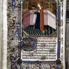 Miniature of saint with full border including grotesque figures  Initials, rubric, placemarkers.