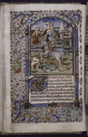 Miniature of St. George and the Dragon, with border design, rubric, placemarkers, initial.