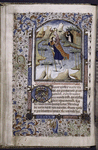 Miniature of St. Christopher, with border design, initial, rubric and placemarkers.