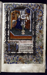Miniature of the Annunciation, with border design, initials, rubric and placemarkers.