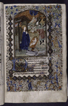 Miniature of the Nativity, with border design, initials, placemarkers, rubrics.