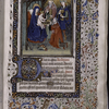 Miniature of the Adoration of the Magi, with border design, initials, rubrics, placemarkers.
