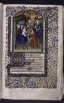 Miniature of the Adoration of the Magi, with border design, initials, rubrics, placemarkers.