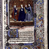 Miniature of the Coronation of the Virgin, with border design, initial, rubric, placemarkers.
