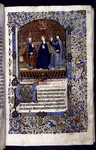 Miniature of the Coronation of the Virgin, with border design, initial, rubric, placemarkers.