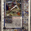 Miniature of the Crucifiixon, with border design, initial, rubric, placemarkers.