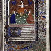 Miniature of Christ raising the dead, with border design, initials, rubrics, placemarkers.