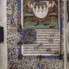 Miniature of raising the dead, with border design, initials, rubric, placemarker.