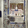 Miniature of Instruments of the Passion, with border design, initial, rubric, placemarkers.