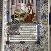 Miniature of Jerome writing, dressed as a cardinal, with a lion. With border design, initials, placemarker.
