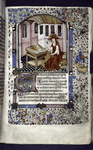 Miniature of Jerome writing, dressed as a cardinal, with a lion. With border design, initials, placemarker.