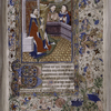Miniature of King David enthroned, harping (Psalm 1); with border including grotesques.  Large initial on gold, 1-line initials.