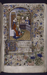 Miniature of King David enthroned, harping (Psalm 1); with border including grotesques.  Large initial on gold, 1-line initials.