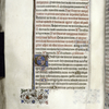 Page of text with 3-line initial, rubrics, 1-line initials, catchword, border design.
