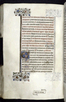Page of text with 3-line initial, rubrics, 1-line initials, catchword, border design.