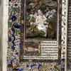 Miniature of David, semi-nude, crowned, in waters, praying to God (Psalm 68); with border design, initials, linefiller, and catchwords.