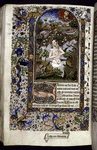 Miniature of David, semi-nude, crowned, in waters, praying to God (Psalm 68); with border design, initials, linefiller, and catchwords.