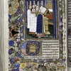 Miniature of clerics at a lectern, with noted book, singing (Psalm 97); with border design, initials.