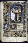 Miniature of clerics at a lectern, with noted book, singing (Psalm 97); with border design, initials.