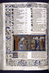 Opening of Deuteronomy, with end of chapter list.  Large miniature, full border with scroll, initials, rubrics, catchword