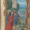 Full-page miniature of lovers walking in a garden, in April