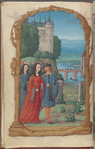 Full-page miniature of lovers walking in a garden, in April